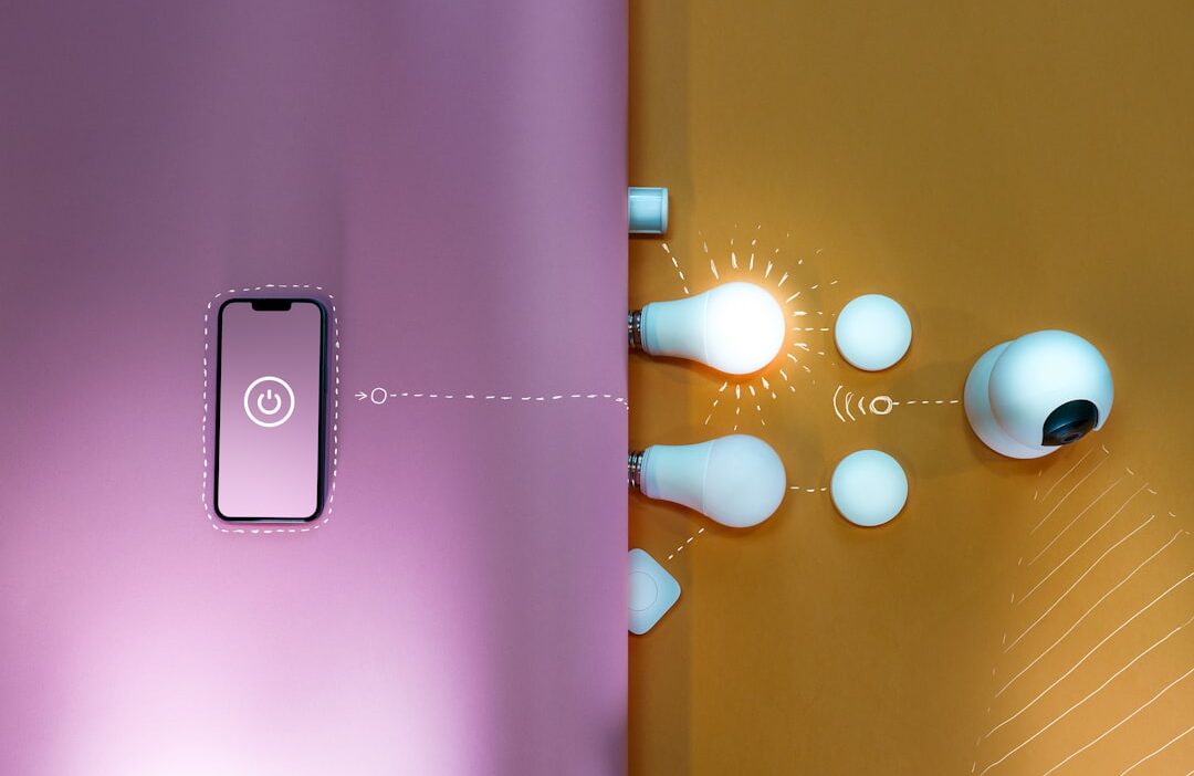 Smart home connection diagram. Smart phone screen.