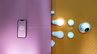 Smart home connection diagram. Smart phone screen.