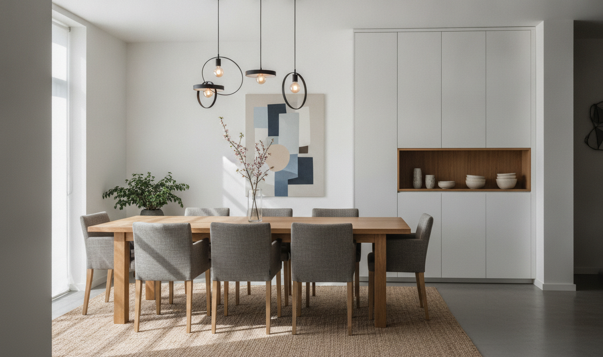 Aparte eetkamer met een grote houten tafel en een hanglamp
