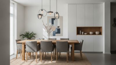 Aparte eetkamer met een grote houten tafel en een hanglamp