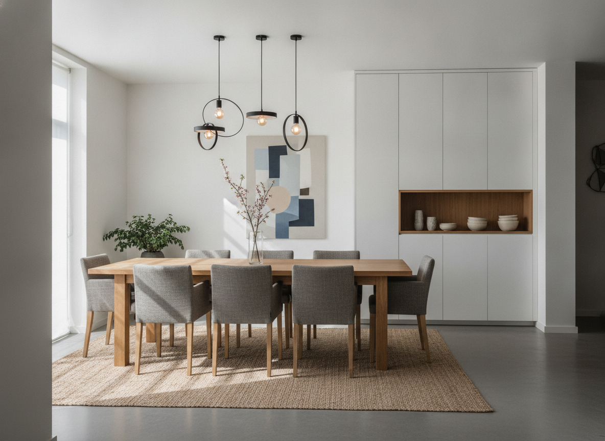 Aparte eetkamer met een grote houten tafel en een hanglamp